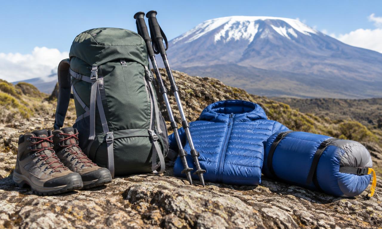 Hiking boots, backpack, trekking poles and warm mountain equipment