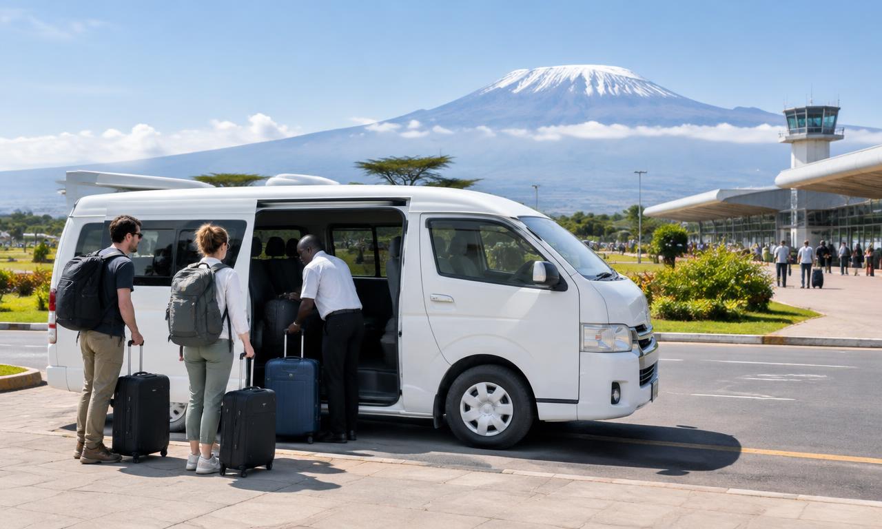 Travellers boarding an airport transfer van with Kilimanjaro in the distance