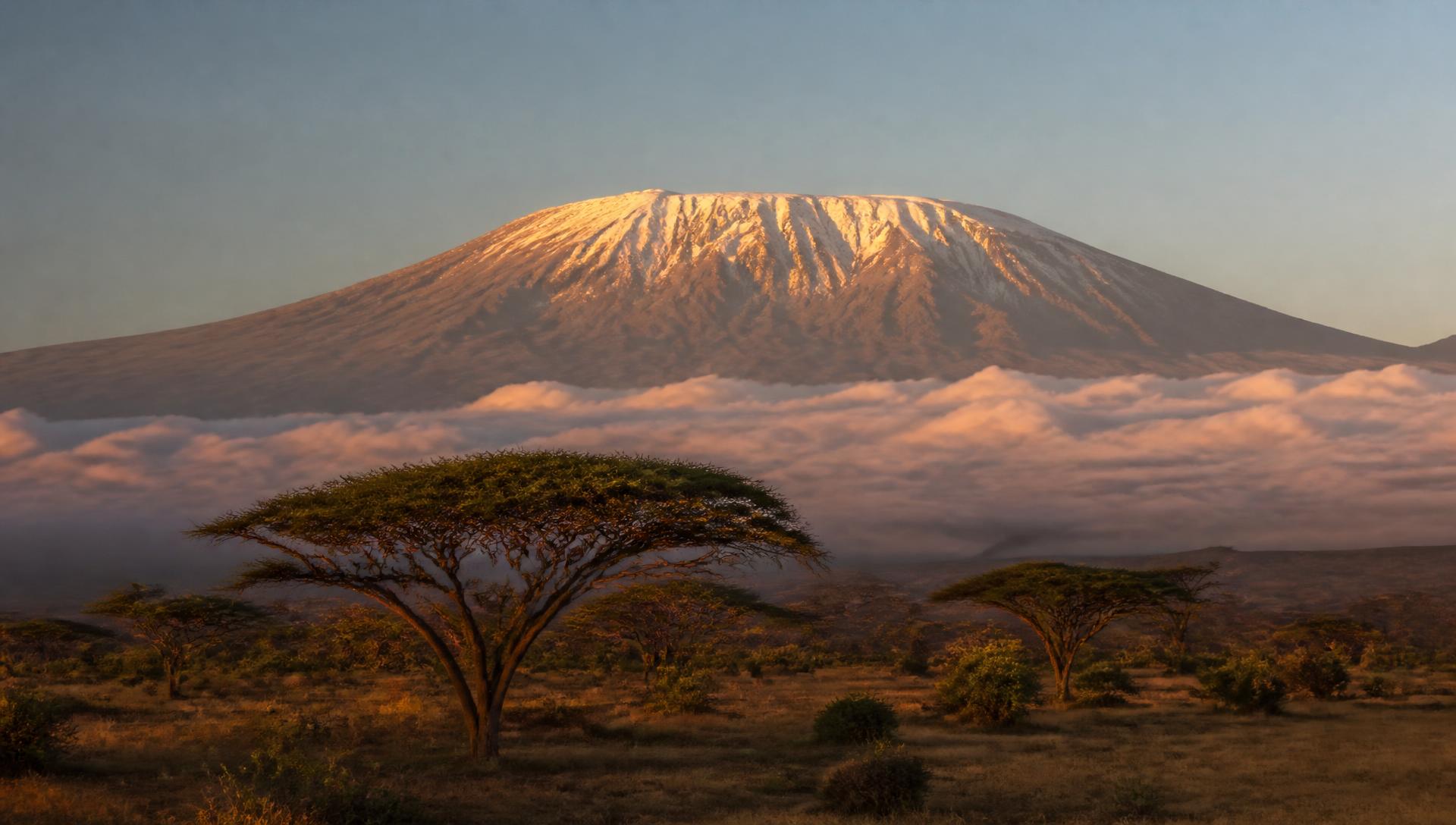 Sunrise over Uhuru Peak on Mount Kilimanjaro with trekkers on the ridge